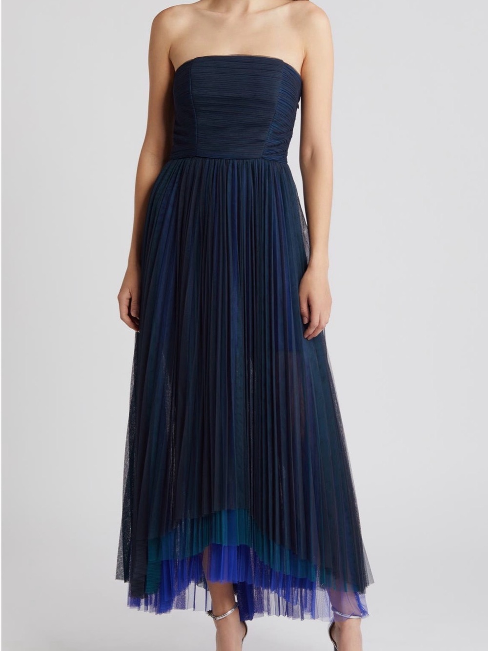 Chelsea28 Strapless Navy & Cobalt Pleated Tulle Maxi Dress